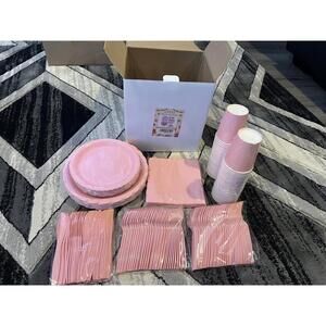 350 Pcs Pink Paper Plates, Napkins, Cups & Silverware Party Set for 50